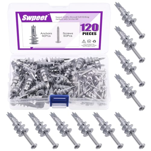 Swpeet 120Pcs Heavy Duty Zinc Self Drilling Drywall Anchors with #8 x 1-1/4'' Screws Kit, No Pre Drill Hole Preparation Required - Self-Tapping Drywall Anchors for Hanging and Mounting