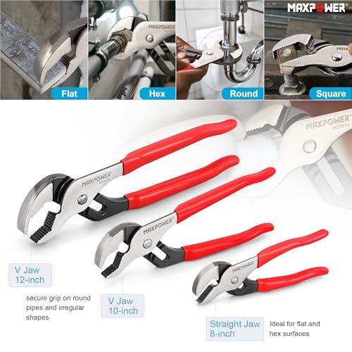 MAXPOWER 8" 10" 12" Groove Joint Pliers, Jaw Opening 1-1/16", 2", 2-3/8" - size: 8" 10" 12"