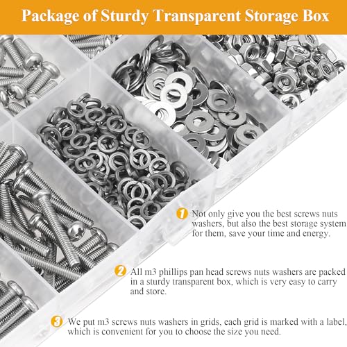 565 Pieces M3 Machine Screws Nuts Washers Set, Sutemribor M3 x 4/6/8/10/12/16/20mm Phillips Pan Head Machine Screws Nuts Washers Assortment Kit, 304 Stainless Steel, Fully Threaded - size: M3, style: Phillips Pan Head