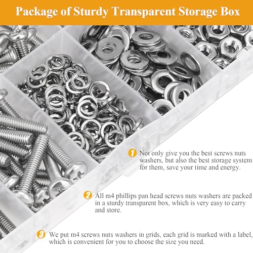 385 Pieces M4 Machine Screws Nuts Washers Set, Sutemribor M4 x 5/6/8/10/12/16/20mm Phillips Pan Head Machine Screws Nuts Washers Assortment Kit, 304 Stainless Steel, Fully Threaded - size: M4, style: Phillips Pan Head