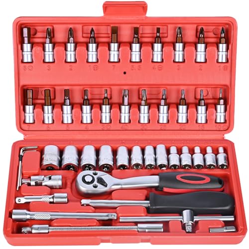 Egofine 46 Pieces 1/4 inch Drive Socket Ratchet Wrench Set Nickel Tool - style: 1/4" 46 PCS with 72 Teeth Ratchet