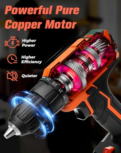 Cordless Drill, 20V MAX Power Drill Set with 2.0Ah Power Pack & Charger, 3/8 Inch Keyless Chuck, Variable Speed, 25+1 Position and 56PCS Bits/Screws, Power Tools for Home Projects - color: Orange