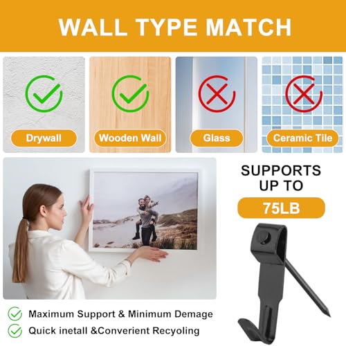 KURUI Picture Hangers, 385Pcs Picture Hanging Kit with Heavy Duty Picture Hanging Hooks, Sawtooth, Hardware Nails and Picture Hanging Tool, Wall Hangers for Frame, Painting, Art, Photo (Black) - color: Black
