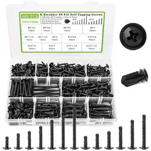 460Pcs #8#10 Black Self Tapping Screws for Metal, Wood, Steel, Aluminium Alloy, 1/2"-2", Truss Head Sheet Metal Screws 410 Stainless Steel Screws Assortment Kit, 13 Sizes Self-tapping Screws - size: Y. #8#10