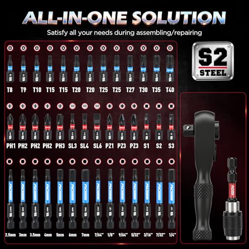 59-Piece Magnetic Nut Driver Bit Set, SAE and Metric Nut Drivers with Screwdriver Bits, Ratchet Wrench, Quick-Change Bit Holder and Storage Case for Automotive Repair, Home Repair and DIY Projects - color: 59 Pcs Compact Ratchet Kit(new Version)