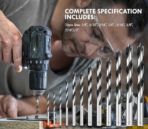 12Pcs (1/8" - 1/2") Brad Point Wood Drill Bit Set - size: Round Shank (1/8"-1/2") - 12pcs
