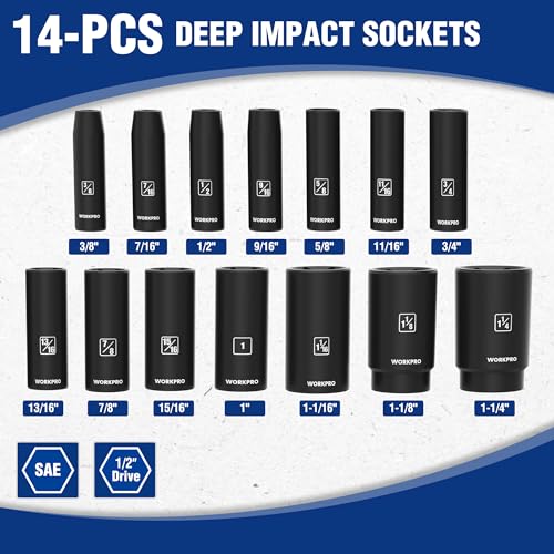 WORKPRO 14-Piece 1/2＂ Drive Deep Impact Socket Set, SAE - style: 14PC, SAE