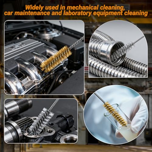 RAWILL 16Pcs Tube Cleaning Brush, Brass Stainless Steel Engine Cleaning Brushes, 12 Inch Long Round Wire Pipe Cleaner for Deep Pipes, Auto Parts, Engine Parts, 8 Sizes - color: Yellow and Silver, size: 16 Pcs-8 Size