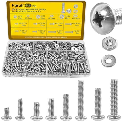 358PCS #6-32#8-32#10-24 Pan Head Machine Screws Nuts Assortment Kit - size: SS #6#8#10 358pcs