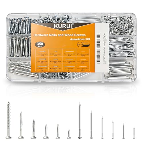 KURUI Picture Hanging Nails & Wood Screws Kit,350Pc 6 Nail & 6 Screw Sizes