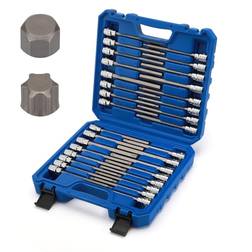 Mayouko 32PCS 3/8" Dr. Extra Long Hex and Torx Bit Socket Set, T10-T60, 1/8"-7/16", 3-12mm, S2&CR-V Steel, 150mm/5.9" Length, SAE&Metric, Long Allen Bit Socket Set - style: Torx&Hex