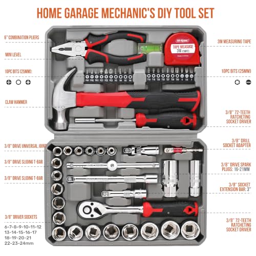 Hi-Spec Home Garage Mechanics DIY Tool Kit Metric Sockets Ratchet Wrench - size: 52 PCS