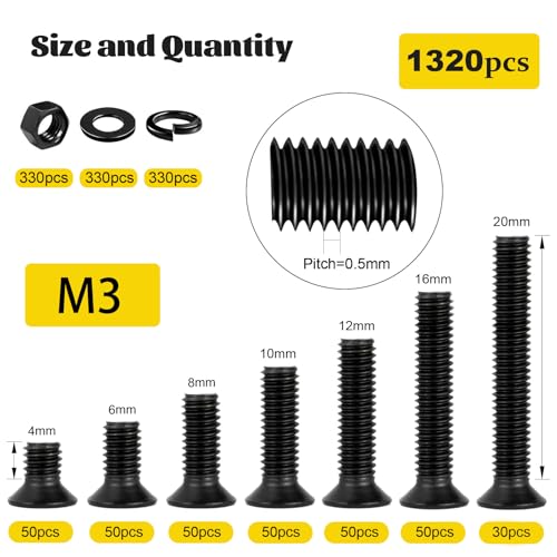 1320pcs M3 Flat Head Screws Assortment Kit, M3x4/6/8/10/12/16/20 mm - size: M3 1320pcs