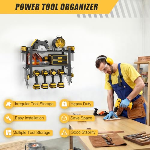 Power Tool Organizer Wall Mount, 150LBS Capacity, 3 Tier, 4 Drill Holders - size: 16.5" Width 3-Tier