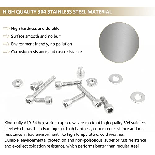 142 Pieces #10-24 x 1/4", 5/16", 3/8", 1/2", 5/8", 3/4", 1", 1-1/4", Hex Socket Head Cap Screws Nuts Washers Assortment Kit, 304 Stainless Steel, Fully Machine Thread - size: #10-24, style: Socket Head
