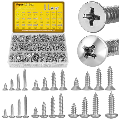 915pcs Self Tapping Screws Assortment Kit, M3/M4/M5/M6 Metric Flat Head & Pan Head Sheet Metal Screws Assorted Set, 304 Stainless Steel Wood Screw - size: 915pcs M3M4M5 Silver