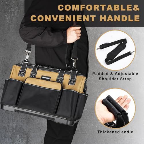 20 IN Large Tool Bag For Men Heavy Duty, Drill Bag Tool Bag Organizer, Wide Mouth Waterproof Hard Bottom Multiple Pockets Tool Tote, Tool Caddy, Maintenance - size: 20 Inch
