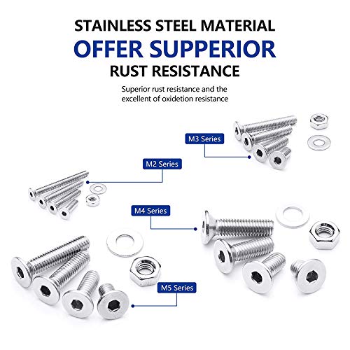 NINDEJIN 880Pcs M2 M3 M4 M5 Stainless Steel Precise Metric Hex Socket Head Cap Machine Screws,Round Flat Socket Bolts and Nuts Set and Washers Assortment Kit +Wrench (Flat Head Cap) - size: 880 Hex Flat Head Socket Screws Nuts