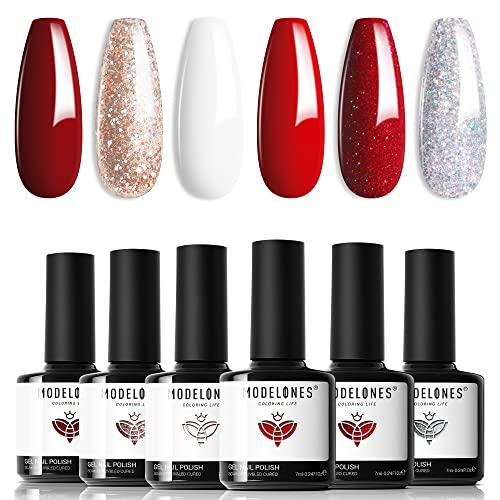 modelones Fall Gel Nail Polish Set, 6 Colors Red White Gold Silver Giltter - color: A A3 White Red