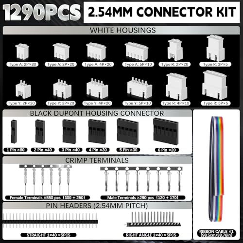 SN-2549 Dupont Crimper, 1290PCS 2.54mm Dupont Connector Kit with Ratcheting Open Barrel Terminal Crimping Tool, 28-18 AWG, White & Black Housings, Male Female Terminals, Headers & Ribbon Cable - color: 1290pcs