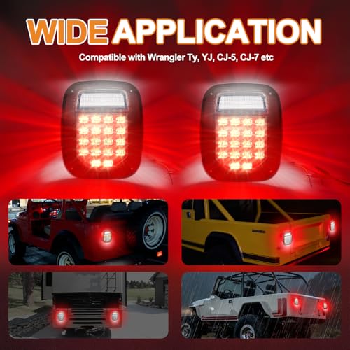 38 LED Black Lens Tail Lights for Jeep Wrangler YJ TJ CJ, Truck, Trailer, Boat, RV - Brake, Turn, Stop, License, Reverse, 12V Stud Mounted, Waterproof, Pack of 2