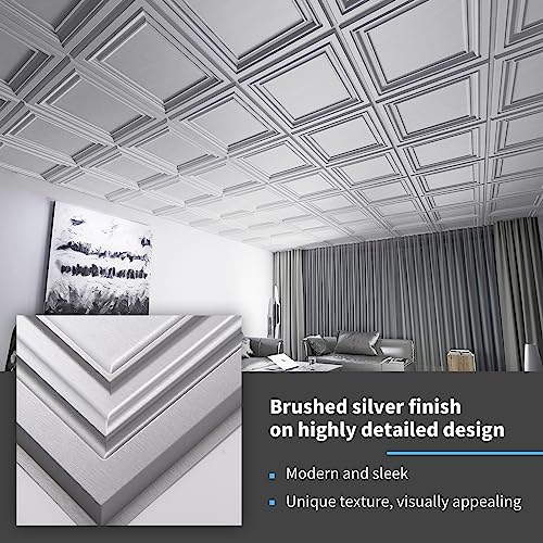 Art3d Paintable 3D Ceiling Tiles, 2 x 2 ft, 13-Pack, Argent Silver - color: Brushed Silver, size: 24"x24"