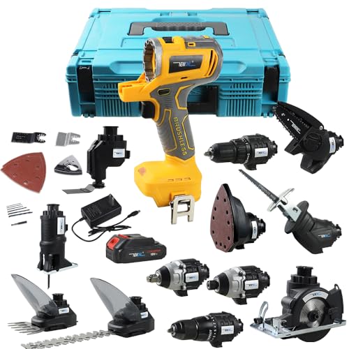 NEWONE 12-Tools Set Power Tool Combo Kits Compatible with De-Walt 20V Battery,Cordless Tool Set,2 Batteries and Charger - color: 12-tools Set Yellow