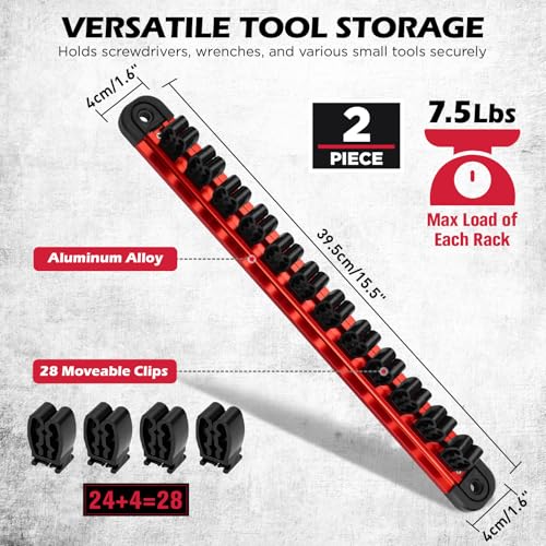 2-Piece Magnetic Screwdriver Organizer and Wrench Organizer, 28-Slot Screwdriver and Wrench Holder, Magnetic Aluminum Rail Tool Organizer for Tool Box Drawer Wall-Mount Storage,Red(Tools not Included) - style: 2-Pack Red (28-Slot)