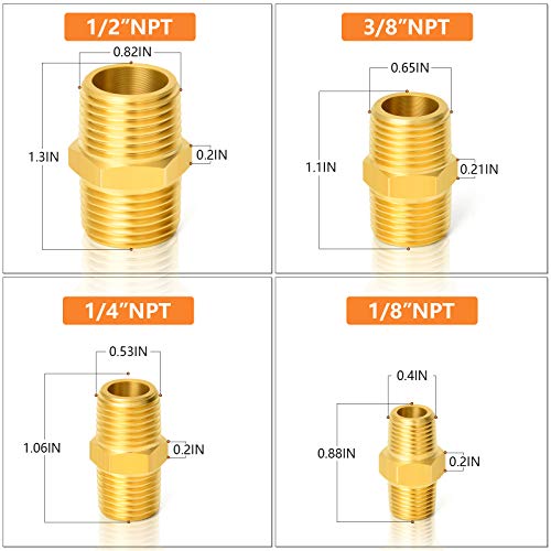 GASHER 8PCS Brass Pipe Fitting Hex Nipple Kit 1/8 inch 1/4 inch 3/8 inch 1/2 inch - style: Hex Nipple Kit（8Pcs）