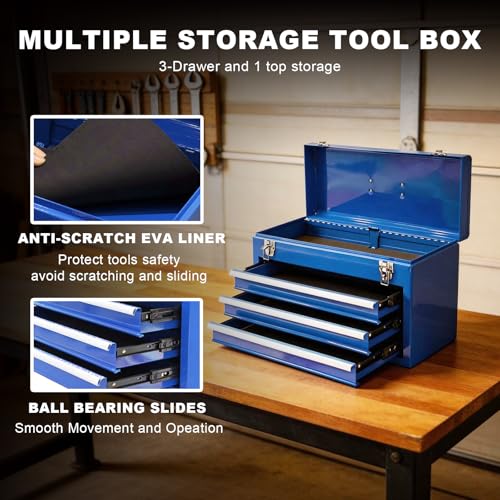 3 Drawer 20“ Metal Tool Box Portable Steel Tool Chest with Metal Latch Closure for Garage, Home and Workbench, Blue - size: 20Inch-BLUE