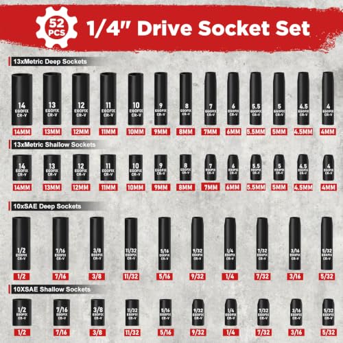 1/4" Socket Ratchet Wrench Set 52PCS, Metric Shallow and Deep Socket (4-14mm), SAE Shallow and Deep Socket (5/32-1/2 inch), with Ratchet Handle, Extension Bar, Adapter, Impact Universal Joint - color: 1/4-52pcs
