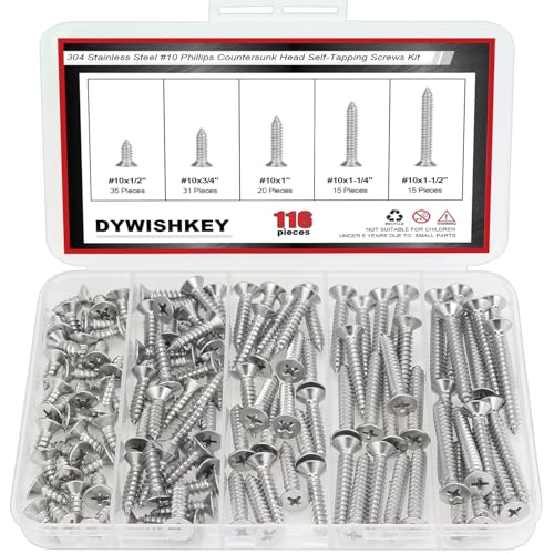 DYWISHKEY 116-Piece Wood Screw Assortment Kit - 1/2", "1/4", "3/4", "1", "1-1/4", "1-1/2" Screws - size: #10
