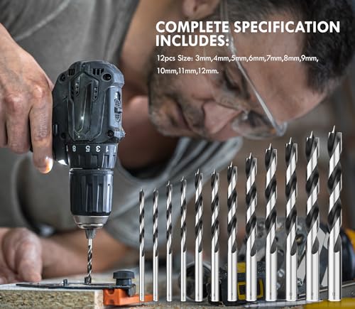 12Pcs (3mm - 12mm) Metric Brad Point Wood Drill Bit Set - size: Round Shank (0.118"-0.472") - 12pcs