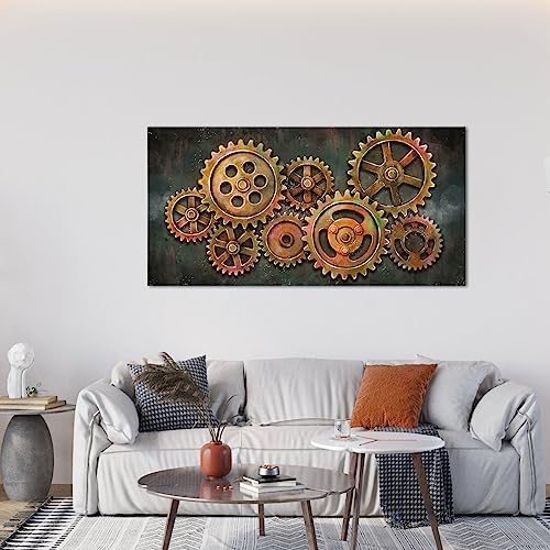 iHAPPYWALL Large Abstract Gear Wheel Canvas Wall Art Industrial Steampunk Mechanical Teamwork Gift for Bedroom Home Office Cafe Bar Decor Ready to Hang 24x48inch