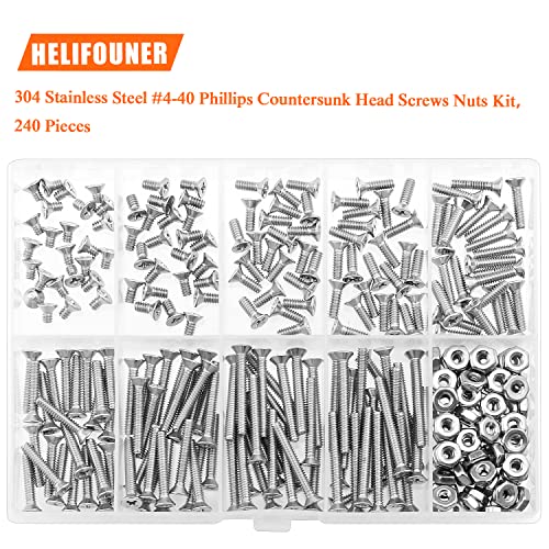 HELIFOUNER 240 Pieces #4-40 Phillips Countersunk Head Machine Screws Nuts Assortment Kit, Coarse Thread, Fully Machine Threaded, 304 Stainless Steel - size: #4-40
