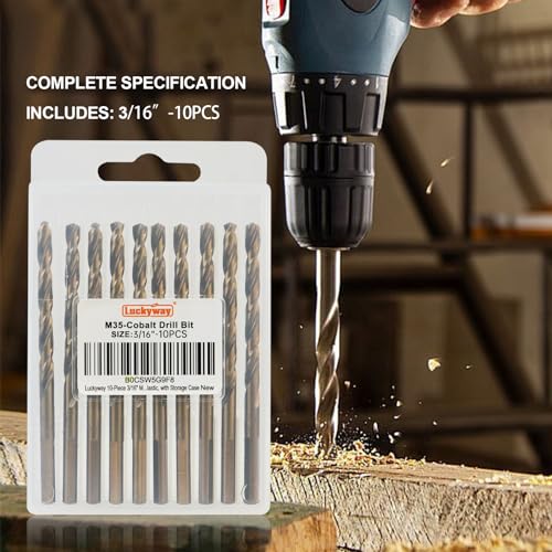Luckyway 3/16 Inch Cobalt Drill Bits (10 Pack), M35 HSS Metal 3/16" Drill Bit Titanium Coated for Hard Metal, Stainless Steel, Cast Iron, Wood and Plastic, with Storage Case - style: 3/16" (10Pcs) Cobalt Drill Bits