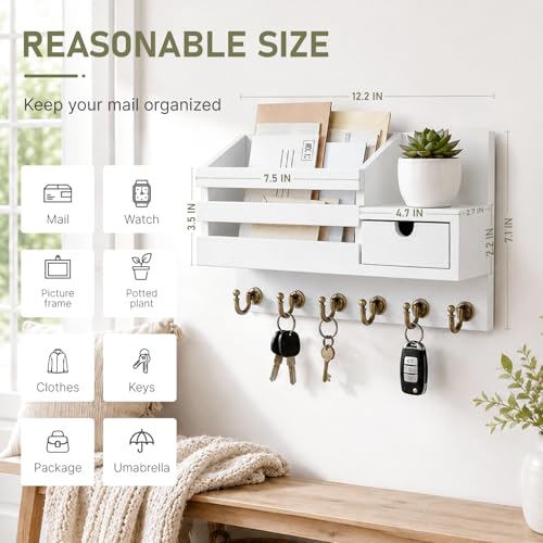 FifthQuarter Key and Mail Holder Wall Mount with Drawer and 6 Sturdy Hooks - color: A-White