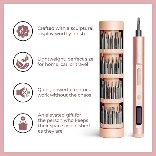 Precision Electric Screwdriver Kit - Heavy Duty Rechargeable Screwdriver + 62 Magnetic Bit Set in Satin Aluminum Travel Case - Pretty and Practical Cordless Driver Tool Set for Women