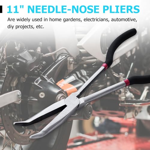 5 Piece Long Reach Plier Set - 11” Long Needle Nose Pliers Sets - Straight, 25, 45, 90-Degree Angle, Long Reach Bent Circle Pliers for Hard-to-Reach Narrow Spaces