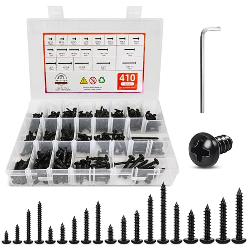 410 PSC Stainless Steel Black Screw Assortment Kit - #4#6#8#10 Phillips Pan Head, Self-Tapping for Wood & Metal - size: 410PCS Black