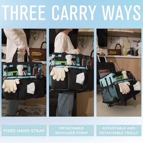 SCAVATA Rolling Cleaning Caddy Bag with Detachable Trolley, Large Cleaning Supplies Organizer with Wheels, Multi Pocket Cleaning Cart with Adjustable Shoulder Strap for Housekeepers & Home, SkyBlue - color: Skyblue