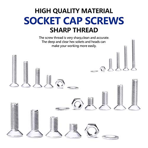 NINDEJIN 880Pcs M2 M3 M4 M5 Stainless Steel Precise Metric Hex Socket Head Cap Machine Screws,Round Flat Socket Bolts and Nuts Set and Washers Assortment Kit +Wrench (Flat Head Cap) - size: 880 Hex Flat Head Socket Screws Nuts