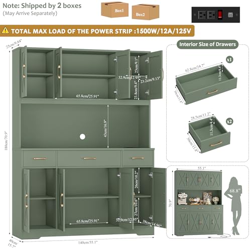 HOSTACK 71" Tall Kitchen Pantry Storage Cabinet, 55" W Kitchen Hutch, Green | Large Pantry Cabinet with Charging Station / Countertop / 3 Drawers, Farmhouse Hutch Cabinet with Storage for Dining Room - color: Green