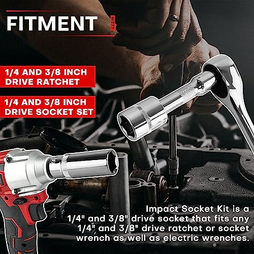 WETT 1/4" and 3/8" Drive Socket Set, 86-Piece Socket Wrench Set with Quick-Release Ratchet, Extention Bar, Adapter, 1/4" Bits, CR-V Steel, Metric/SAE, Deep/Shallow, Mirror Chrome Finish - size: 86pcs 1/4" & 3/8" (SAE/Metric, Deep/Shallow)