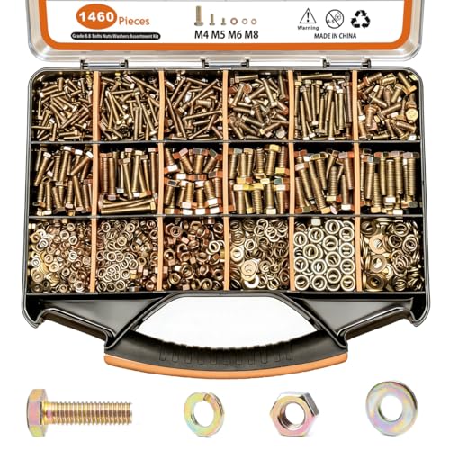 1460PCS Nuts and Bolts Assortment Kit - M4 M5 M6 M8 Grade 8.8 Bolts with Nuts & Washers - Heavy Duty Hex Head Bolts Assortment for Automotive Repair, Machinery, Furniture - Zinc Plated - size: 1460PCS M4 M5 M6 M8