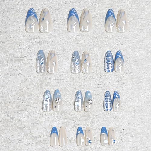 3D Press on Nails Almond - Medium French Tip Fake Nails with Embossed Bow&Blue Bead Designs, Glossy Finish Reusable False Nails for Women Manicure(3D Embossed design 15) - color: 3D Embossed design 15