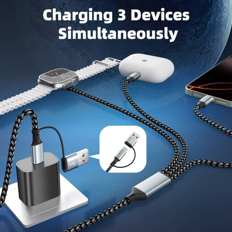 Travel Essentials 3 in 2 Multi Charging Cable for iWatch Charger/iPhone17-8 - color: Greywhite, size: 2Pack 5FT