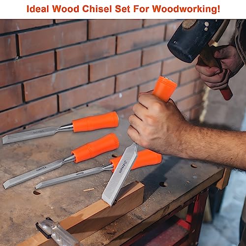 4 Piece Wood Chisel Sets Woodworking Tools Set, Wood Chisels for Woodworking with Steel Hammer End, Wood Tools Chisel Set Woodworking with Ergonomic Plastic Handle, 6mm, 12mm, 18mm, 24mm - size: 4 Pack