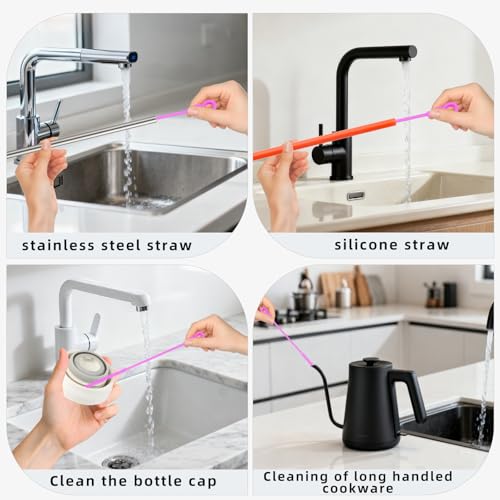Silicone Straw Cleaner Brush, 4Pcs Reusable Straw Brush Set with Extra-Long Design for Cleaning Thin Metal Straws and Wider Milkshake Straws （6mm+9mm Purple) - color: Purple