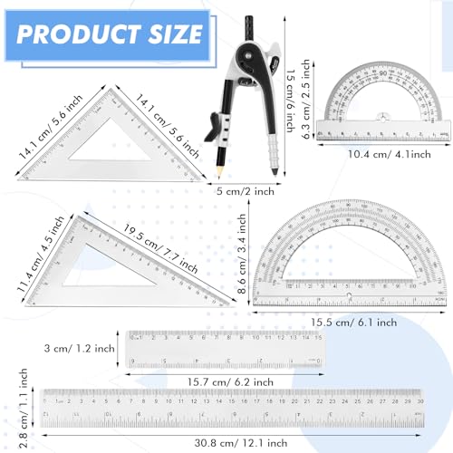Zonon 7 Pcs Geometry Math Set with Compass Protractor Rulers, Clear - color: Clear